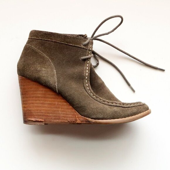 Lucky Brand Ysabel Military Green Lace-up Moc Toe Wedge Heel Ankle Boots Booties - Picture 16 of 16